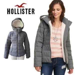 HOLLISTER Sherpa Lined Puffer Jacket Hooded Fleece Quilted Winter Coat Gray Sz S